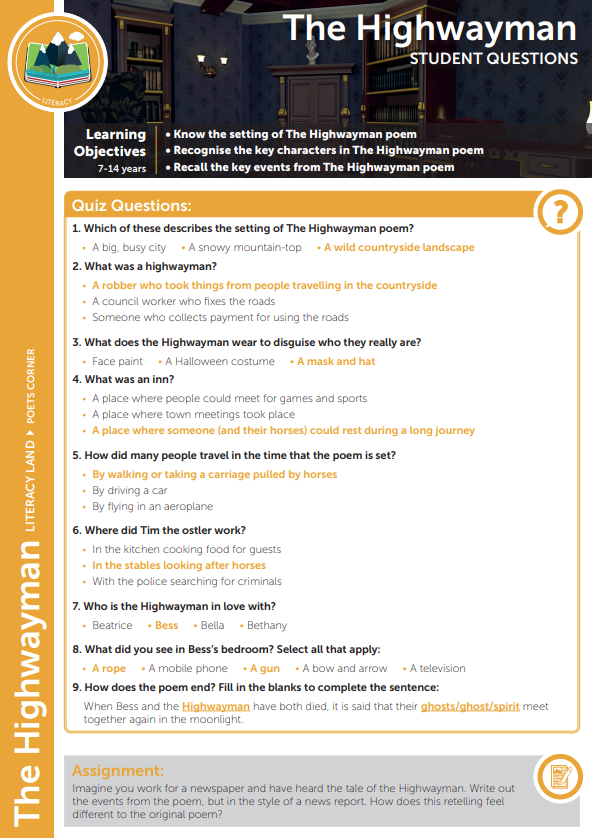 The Highwayman Quiz Answers Content ClassConnect